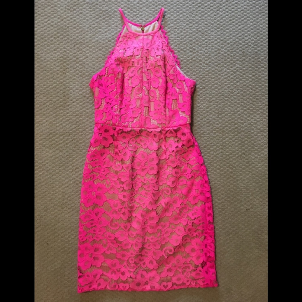 Hot pink lace dress by Trina Turk.